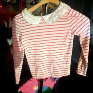 Girls Mini Boden pink and white ruffle neck shirt size (9-10)